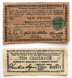 2 DIFF. PHILIPPINES WW2 GUERRILLA PAPER MONEY  CIRC. NEGROS AND MINDANAO