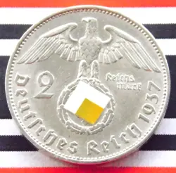 GERMAN 2 REICHSMARK 1937 E SWASTIKA HINDENBURG SILVER COIN 3RD REICH WW2 UNC MK
