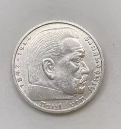 1939 B WW2 5 REICHSMARK COIN, THIRD REICH, VON HINDENBURG, SWASTIKA