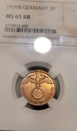 1939 B 2 REICHSPFENNIG NAZI GERMANY WW2 NGC GRADED MS  65 RB TOP GRADED IN RB!!!