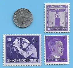 GERMANY WW2 1942 B 1 RPF SWASTIKA COIN & HITLER SWASTIKA STAMP LOT WW2 ERA #70