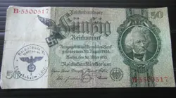GERMAN 50 REICHSMARK BANKNOTE THIRD REICH WWII HAND STAMPED #90