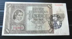 CROATIA 1000 KUNA , WWII HAND STAMPED ~ GERMAN OCCUPATION BANKNOTE
