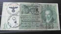 GERMAN 10 REICHSMARK BANKNOTE THIRD REICH WWII HAND STAMPED #84