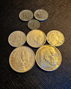 WORLD WAR 2 GERMAN COINS (LOT OF 8)  5 REICHSMARK, 2 REICHSMARK 