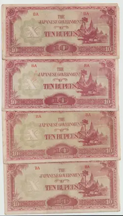 WW2 JAPANESE INVASION OCCUPATION 1944 RUPEE DOLLAR BILL COLLECTION JAPAN WAR LOT