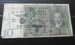 GERMAN 10 REICHSMARK BANKNOTE THIRD REICH WWII HAND STAMPED #83