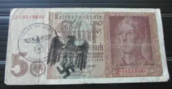 GERMAN 5 REICHSMARK BANKNOTE THIRD REICH WWII HAND STAMPED #80