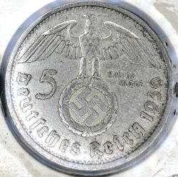 💯 1936-A 5 MARK GERMAN WW2 90% SILVER COIN THIRD REICH  REICHSMARK