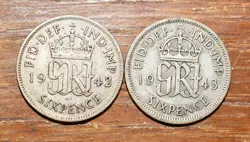 WW2 ERA SIXPENCE, PRE 1947 SILVER, TWO - 1942 AND 1943, GEORGE VI