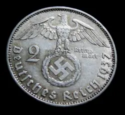 GERMAN 2 REICHSMARK SILVER COIN 1937 A WW2 THIRD REICH