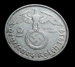 GERMAN 2 REICHSMARK SILVER COIN 1939 A WW2 THIRD REICH