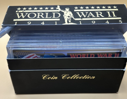 WORLD WAR 2 COIN SET - 32 COINS IN 5 ACRYLIC CASES IN PRESENTATION BOX -SILVER