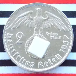 GERMAN 2 REICHSMARK 1937 G SWASTIKA HINDENBURG SILVER COIN 3RD WW2 MARK + RARE +