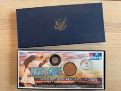 WW2 60TH ANNIVERSARY V-J DAY COMMEMORATIVE COVER WITH COINS & STAMPS MORGAN MINT