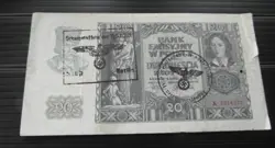 GERMAN POLAND OCCUPATION BANKNOTE, 20 ZLOTYCH, THIRD REICH WWII HAND STAMPED #94
