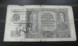 GERMAN POLAND OCCUPATION BANKNOTE, 20 ZLOTYCH, THIRD REICH WWII HAND STAMPED #93