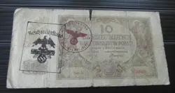 GERMAN POLAND OCCUPATION BANKNOTE, 10 ZLOTYCH, THIRD REICH WWII HAND STAMPED #89