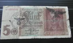 GERMAN 5 REICHSMARK BANKNOTE THIRD REICH WWII HAND STAMPED #81