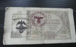 GERMAN POLAND OCCUPATION BANKNOTE, 10 ZLOTYCH, THIRD REICH WWII HAND STAMPED #81