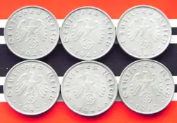 GERMAN SET 6X COINS 10 REICHSPFENNIG 1942 A B D F G J ZINC SWASTIKA 3RD WW2 RPF