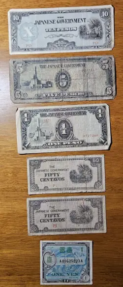 1940S JAPANESE GOVERNMENT WW2 OCCUPATION INVASION CURRENCY. LOT OF 6 BILLS