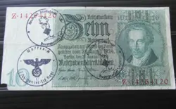 GERMAN 10 REICHSMARK BANKNOTE THIRD REICH WWII HAND STAMPED #85