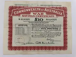 AUSTRALIA. 1943 (WW2) WAR SAVINGS CERTIFICATE FOR TEN POUND.  MCFARLANE SIGN.
