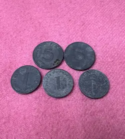 NAZI GERMAN THIRD REICH - 5 COINS - 1 5 REICHSPFENNIG 1940-1944 ZINC WW2 LOT