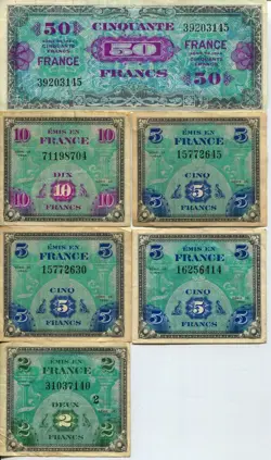 LOT OF 6 1944 FRANCE WW2 ERA WORLD BANKNOTES WC139