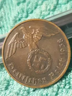 1938 2 REICHSPFENNIG ~ WW2 GERMANY,  BRONZE CIRCULATED COIN, DAMAGED COIN
