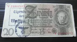 GERMAN 20 REICHSMARK BANKNOTE THIRD REICH WWII HAND STAMPED #88