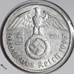 1937 F WW2 GERMAN 5 REICHSMARK COIN, THIRD REICH, PAUL VON HINDENBURG, E405 ZZCM