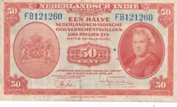 KAPPYSCOINS WC1065  NETHERLANDS INDIES P110 1943 WW2 50 CENT BANK  NOTE FINE