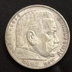1936-A WW2 NAZI GERMANY LARGE AU 5 MARK .900 SILVER COIN B08