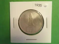 1935 G - 5 REICHSMARK GERMAN SILVER COIN - POTSDAM GARRISON CHURCH, WW2, KM# 83