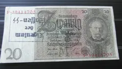 GERMAN 20 REICHSMARK BANKNOTE THIRD REICH WWII HAND STAMPED #95