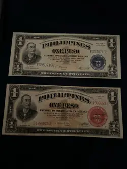2-WW2 PHILIPPINES ONE PESO VICTORY SERIES NO. 66 BANKNOTES. RARE RED SEAL.