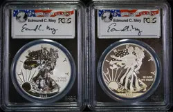2013-WW 2 COIN WEST POINT MINT SILVER EAGLE SET PCGS PR70 FIRST STRIKE, MS70 MOY