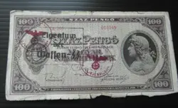 HUNGARY BANKNOTE 100 PENGO, GERMAN OCCUPATION WWII HAND STAMPED ~115
