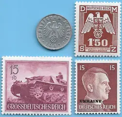 GERMANY WW2 1943 B 1 RPF SWASTIKA COIN & HITLER SWASTIKA STAMP LOT WW2 ERA #72