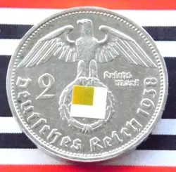 GERMAN 1938 G 2 REICHSMARK SWASTIKA HINDENBURG SILVER COIN 3RD REICH RM WW2 MARK
