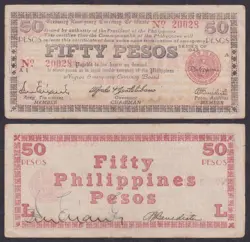 50 PESOS NEGROS US PHILIPPINE 1943 TREASURY EMERGENCY WW2 BANKNOTE #S665