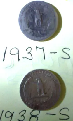 1937S & 1938S WASHINGTON PRE-WW2 SILVER QUARTERS- $.50 FACE VALUE 