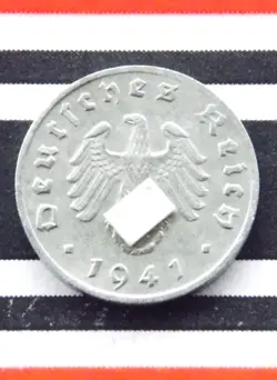 GERMAN COIN 1941 J 1 REICHSPFENNIG ZINC SWASTIKA 3RD REICH WW2 +RARE PFENNIG RPF