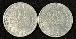 1940-G & 1941-A GERMAN COINS 50 PFENNIG NAZI 3RD REICH WW2 CIRCULATED