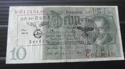 GERMAN 10 REICHSMARK BANKNOTE THIRD REICH WWII HAND STAMPED #86