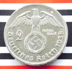 GERMAN COIN 2 REICHSMARK 1938 G SWASTIKA HINDENBURG SILVER 3RD REICH WW2 UNC MK