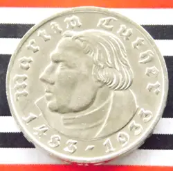GERMAN 2 REICHSMARK 1933 D MARTIN LUTHER SILVER COIN 3RD REICH WW2 RARE MARK UNC