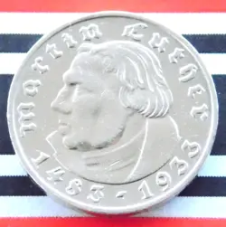 GERMAN 2 REICHSMARK 1933 E MARTIN LUTHER SILVER COIN 3RD REICH WW2 +RARE+ MARK